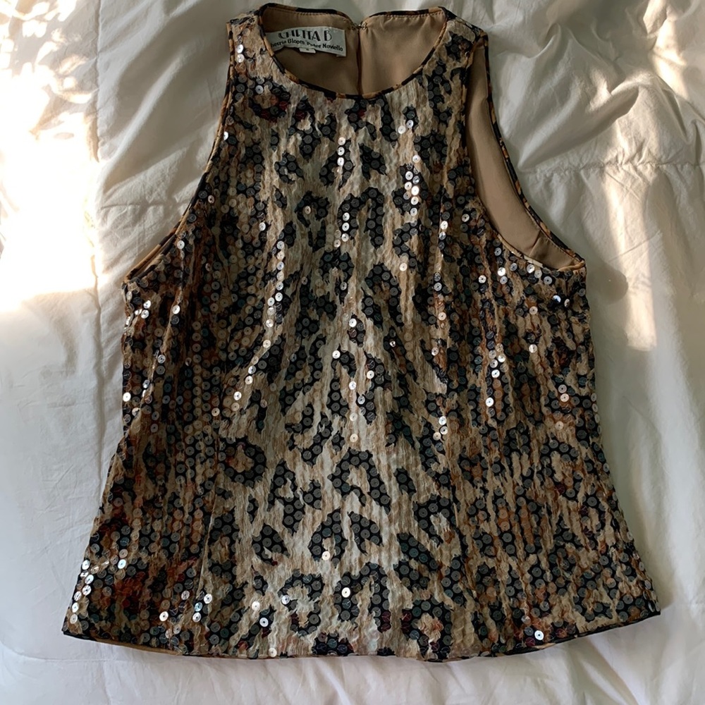 Sequins cheetah print high neck tank top - Picture 1 of 4